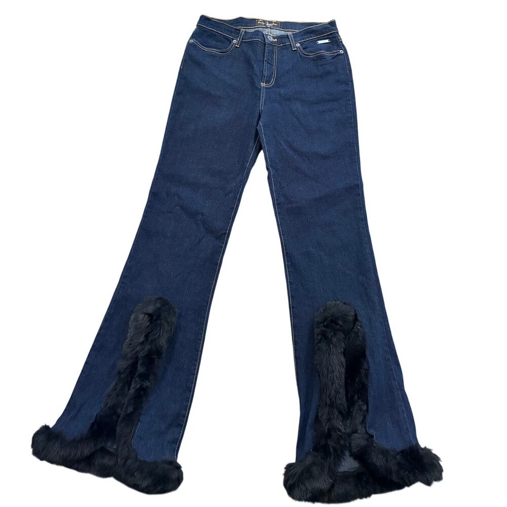 Baby Phat Stretch Blue Jeans Y2K Flared Fur Hem Trim Accent Size 15 Cotton Blend